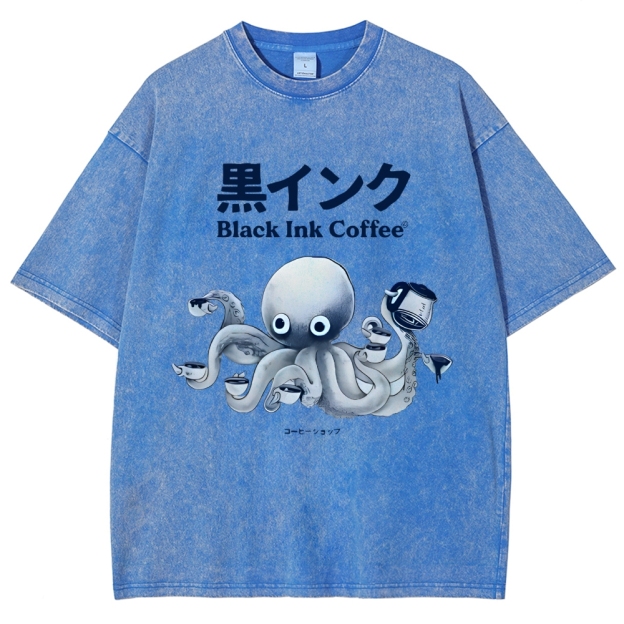 Black Ink Coffee Octopus Japan Vintage Washed T-shirt