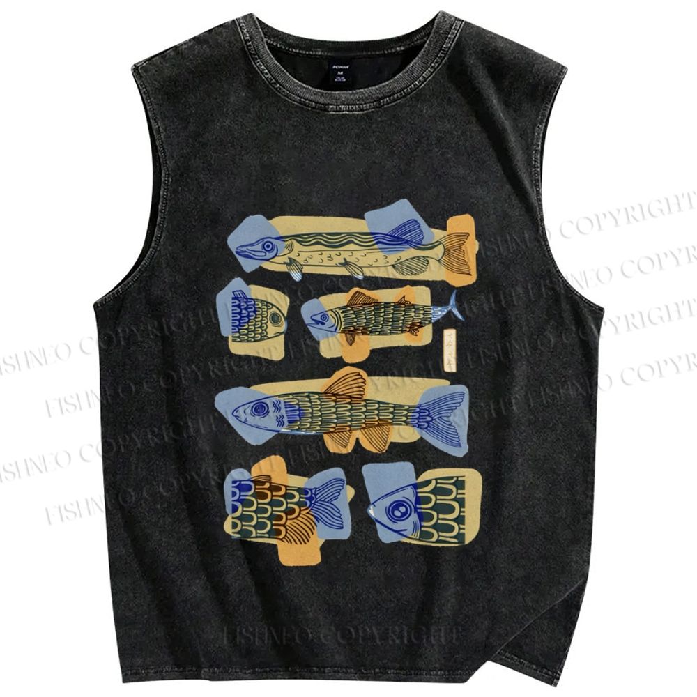 Unisex Viintage Fish Printed Washed Tank Top