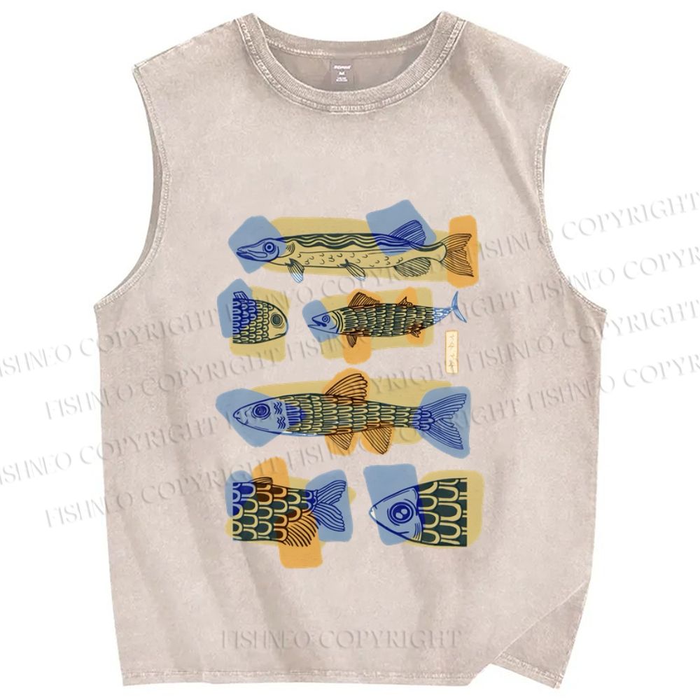 Unisex Viintage Fish Printed Washed Tank Top