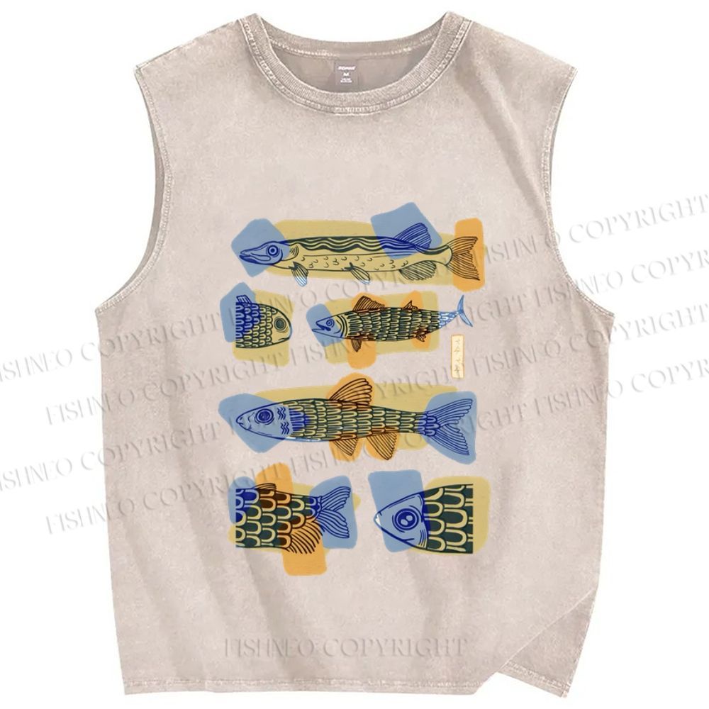 Unisex Viintage Fish Printed Washed Tank Top