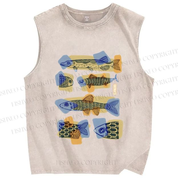 Unisex Viintage Fish Printed Washed Tank Top
