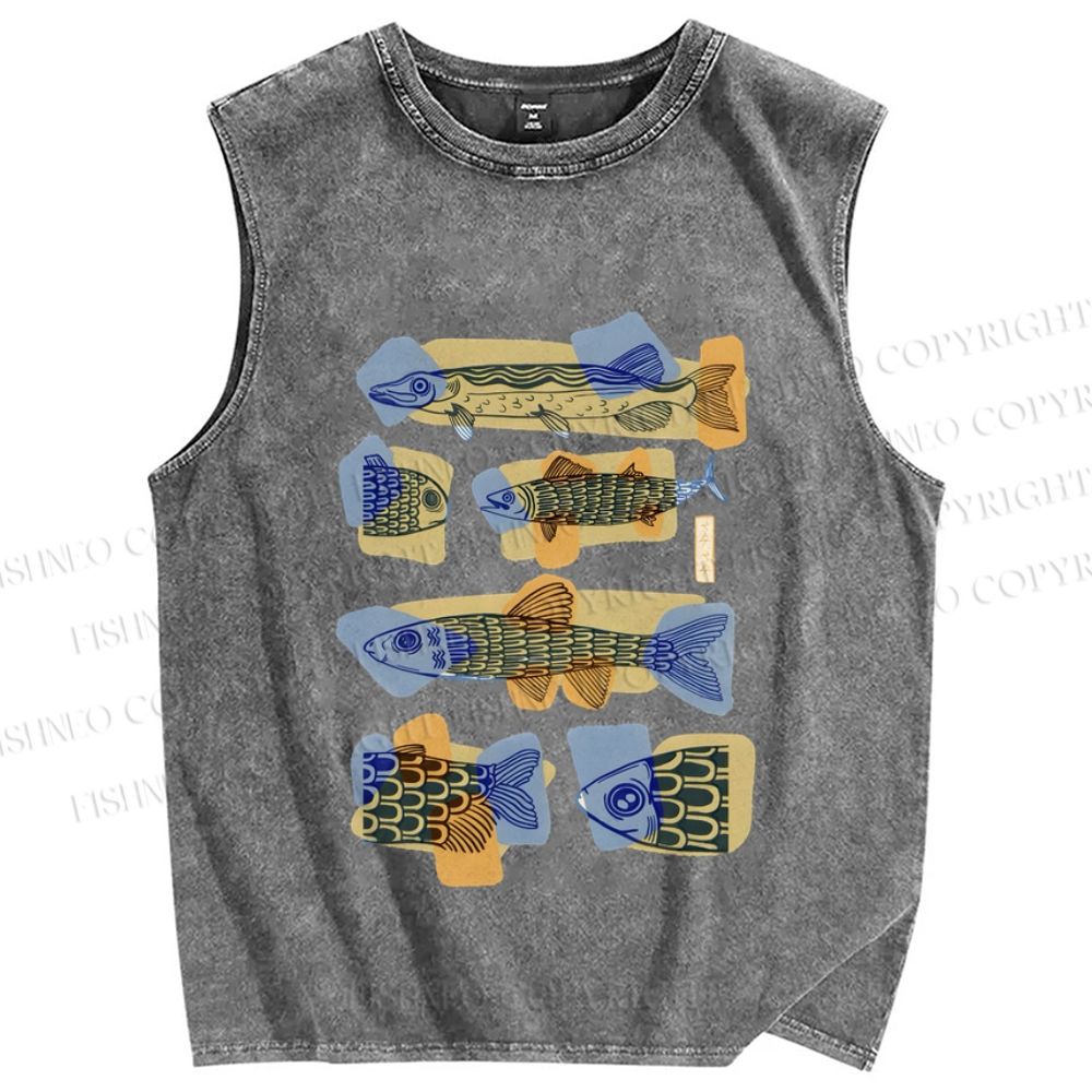Unisex Viintage Fish Printed Washed Tank Top