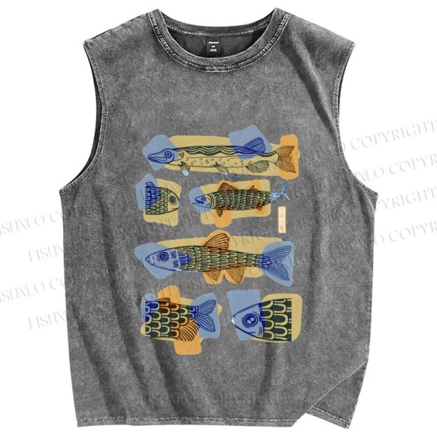 Unisex Viintage Fish Printed Washed Tank Top