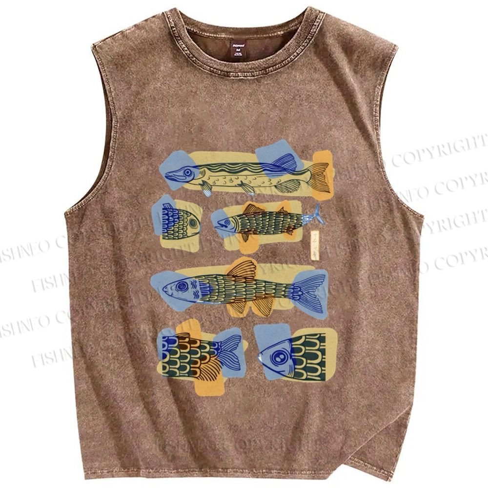 Unisex Viintage Fish Printed Washed Tank Top