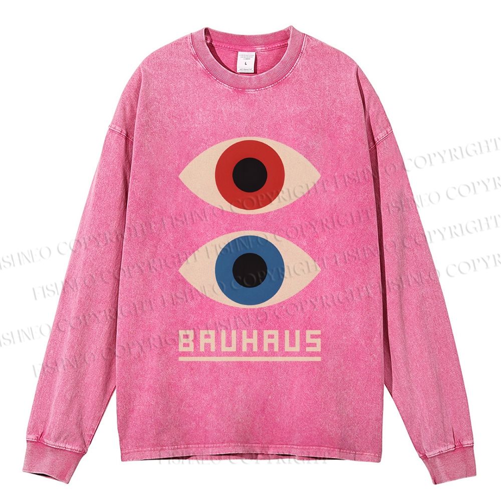 Unisex Casual Washed Bauhaus Art Eyes Printed Long Sleeve T-shirt