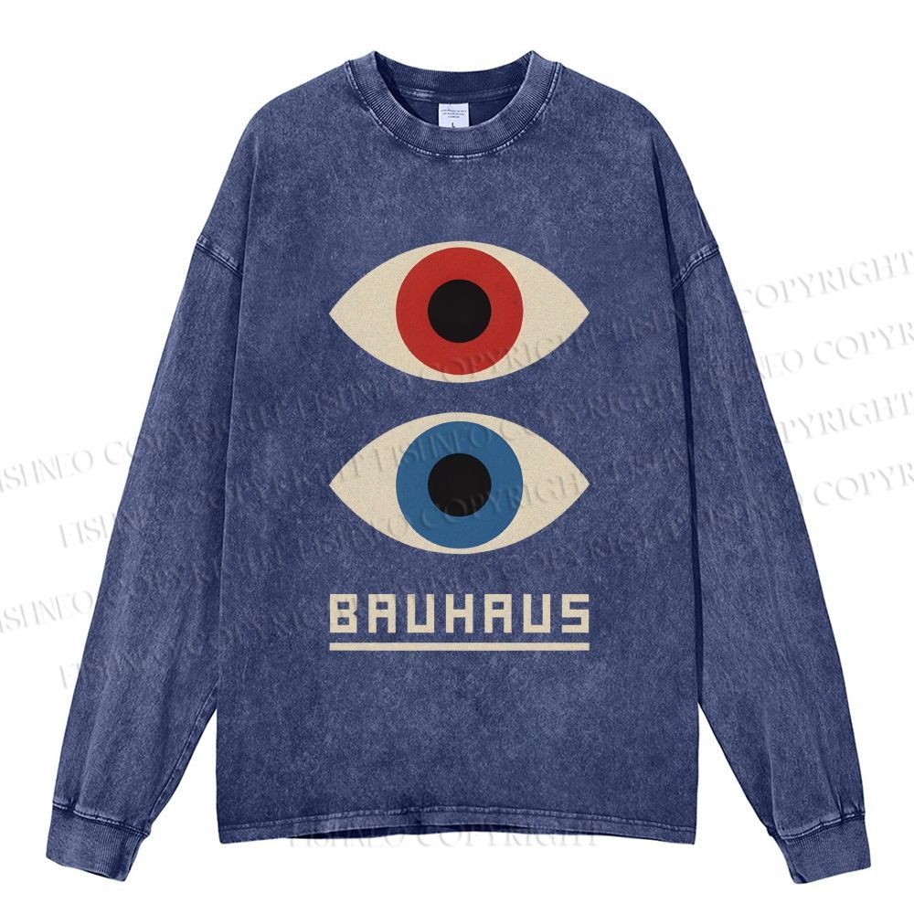 Unisex Casual Washed Bauhaus Art Eyes Printed Long Sleeve T-shirt