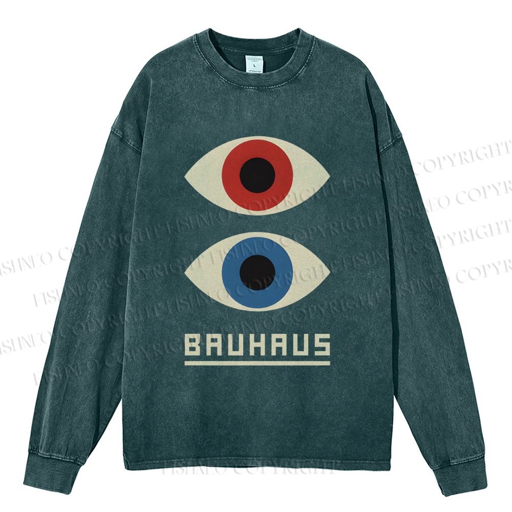 Unisex Casual Washed Bauhaus Art Eyes Printed Long Sleeve T-shirt