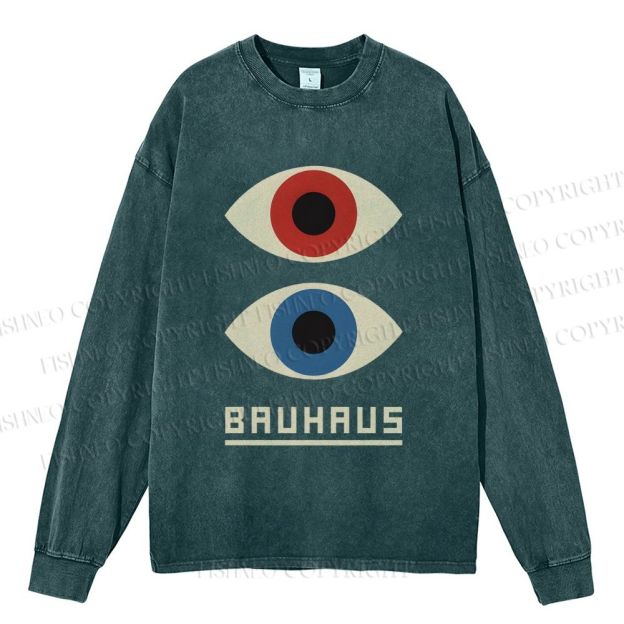Unisex Casual Washed Bauhaus Art Eyes Printed Long Sleeve T-shirt