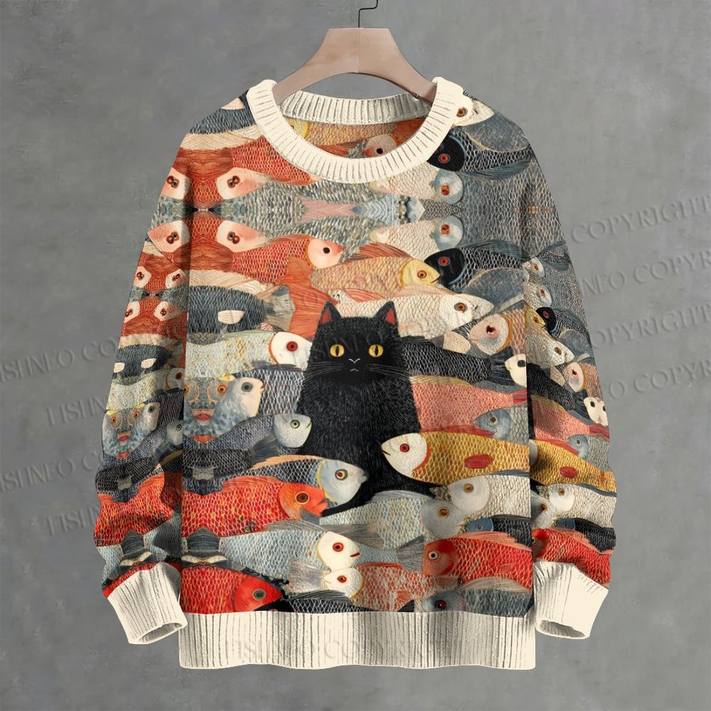 Vintage Japanese Black Cat Koi Fish Crew Neck Sweater