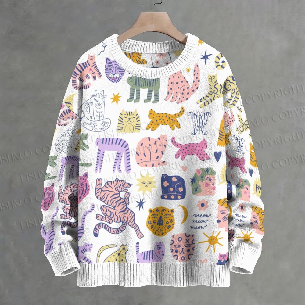 Colorful Cartoon Cat Printed Crew Neck Sweater