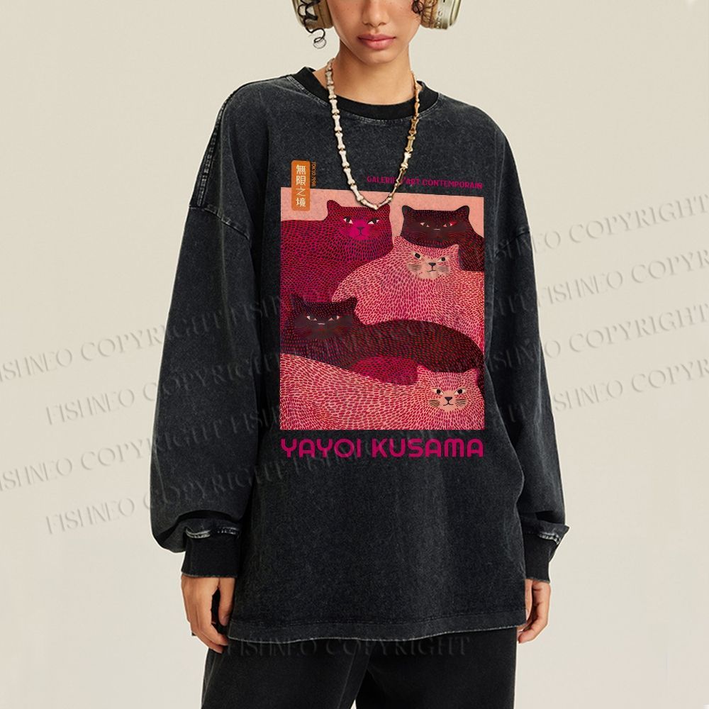 Unisex Casual Washed Pink Bears Yayoi Kusama Printed Long Sleeve T-shirt