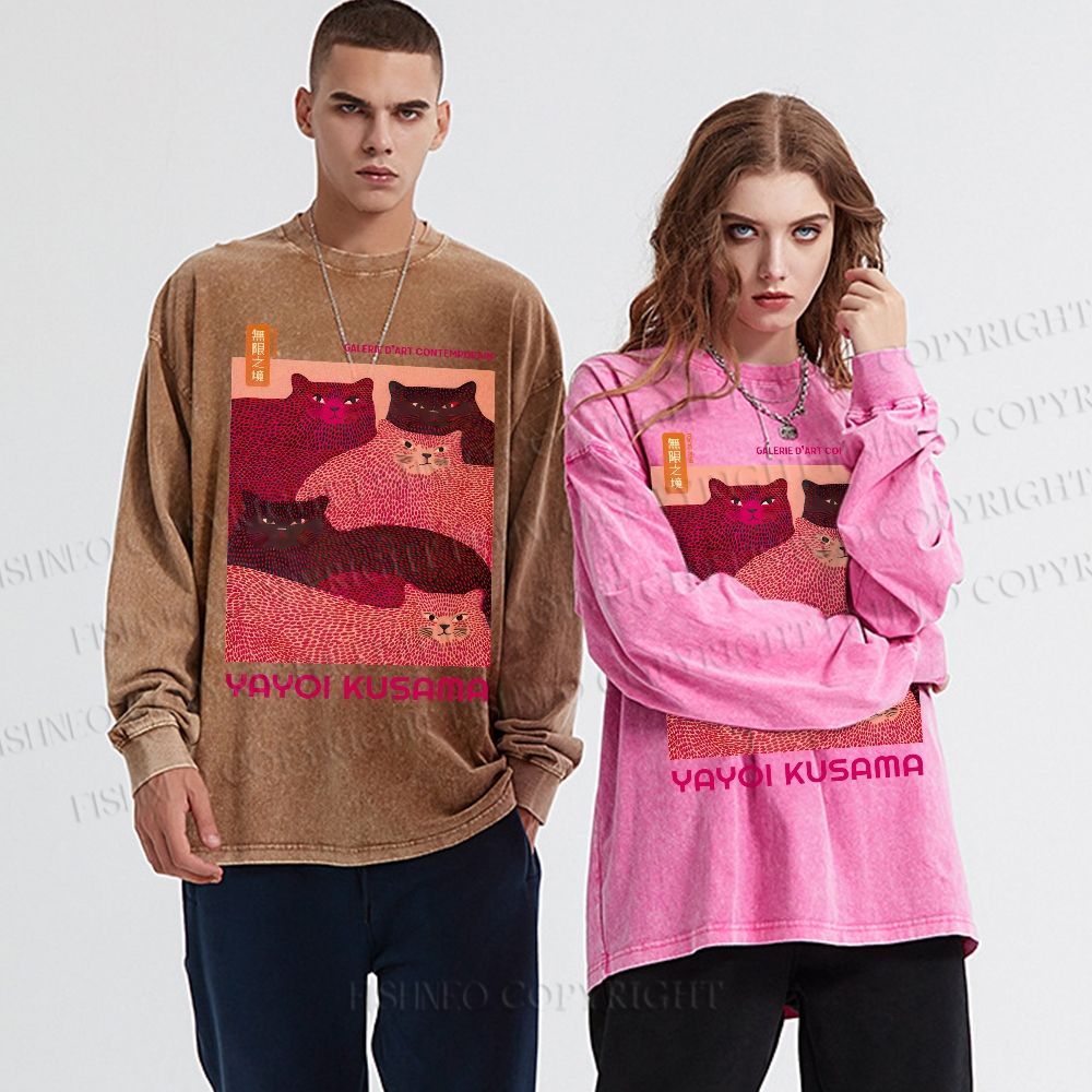 Unisex Casual Washed Pink Bears Yayoi Kusama Printed Long Sleeve T-shirt