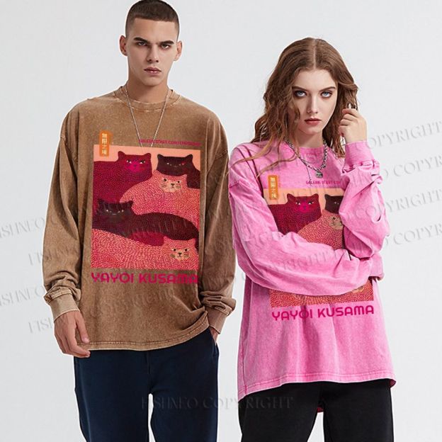 Unisex Casual Washed Pink Bears Yayoi Kusama Printed Long Sleeve T-shirt