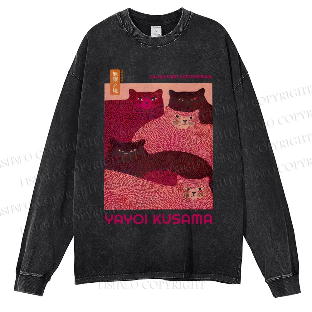 Unisex Casual Washed Pink Bears Yayoi Kusama Printed Long Sleeve T-shirt