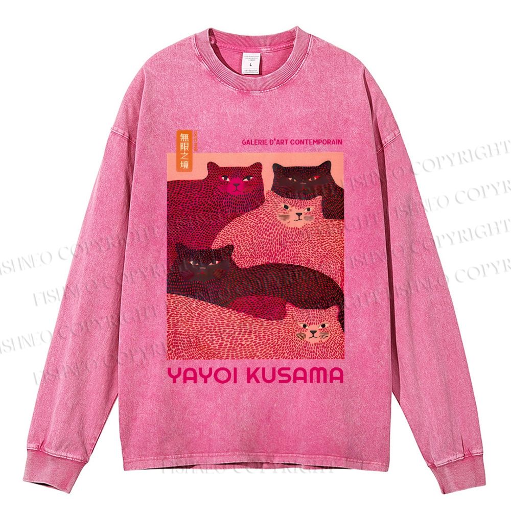 Unisex Casual Washed Pink Bears Yayoi Kusama Printed Long Sleeve T-shirt