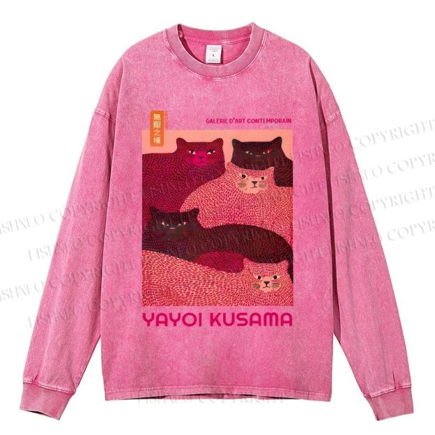 Unisex Casual Washed Pink Bears Yayoi Kusama Printed Long Sleeve T-shirt