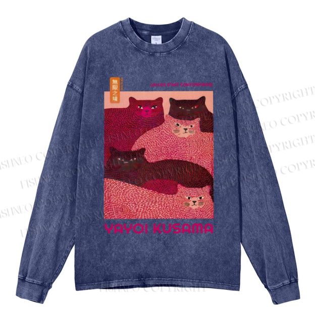 Unisex Casual Washed Pink Bears Yayoi Kusama Printed Long Sleeve T-shirt