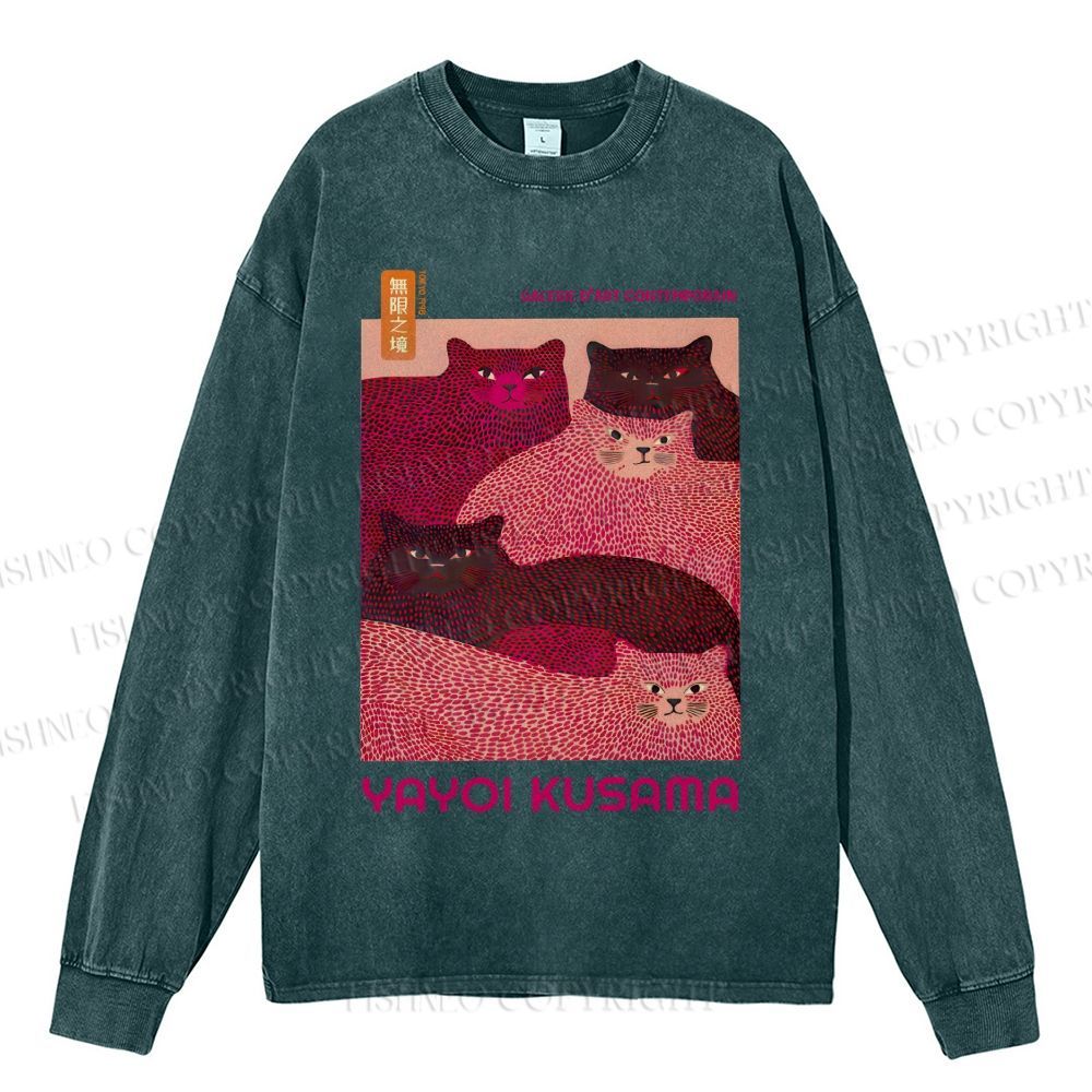 Unisex Casual Washed Pink Bears Yayoi Kusama Printed Long Sleeve T-shirt