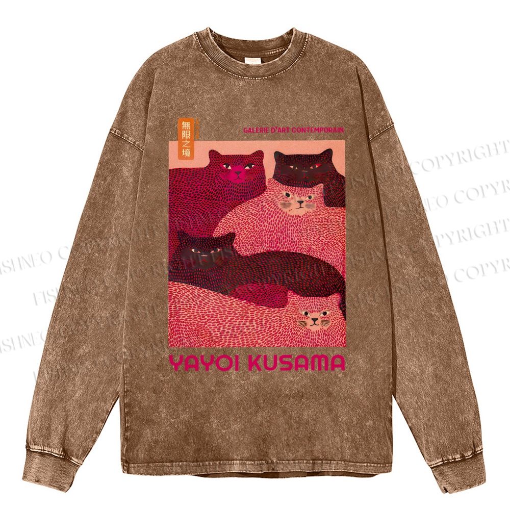 Unisex Casual Washed Pink Bears Yayoi Kusama Printed Long Sleeve T-shirt
