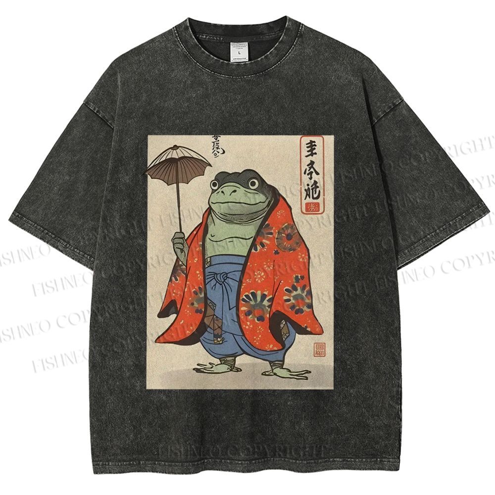 Unisex Japanese Vintage Frog Printed Washed Tee