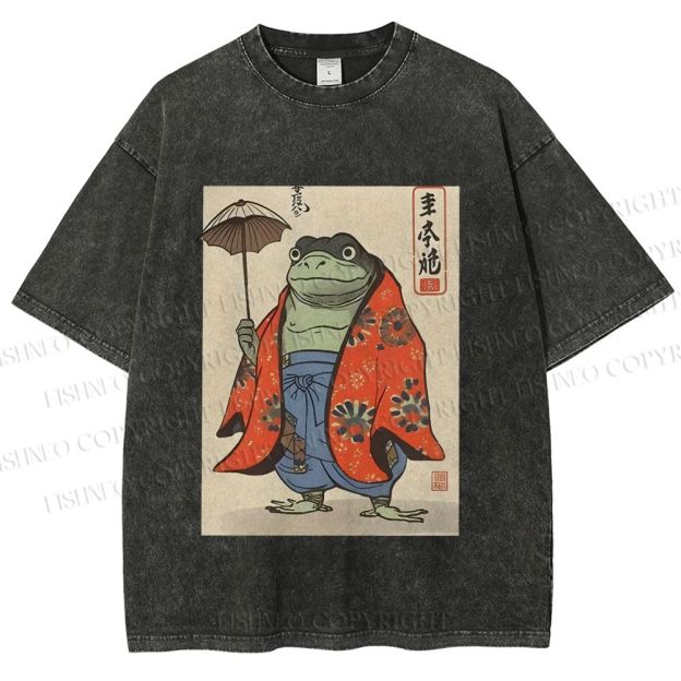 Unisex Japanese Vintage Frog Printed Washed Tee