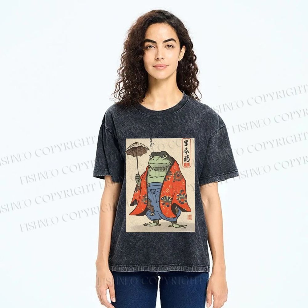 Unisex Japanese Vintage Frog Printed Washed Tee