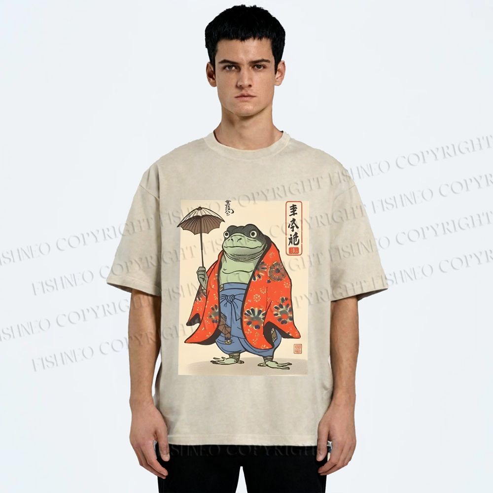 Unisex Japanese Vintage Frog Printed Washed Tee