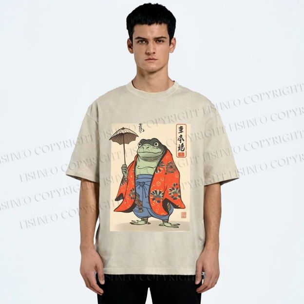 Unisex Japanese Vintage Frog Printed Washed Tee