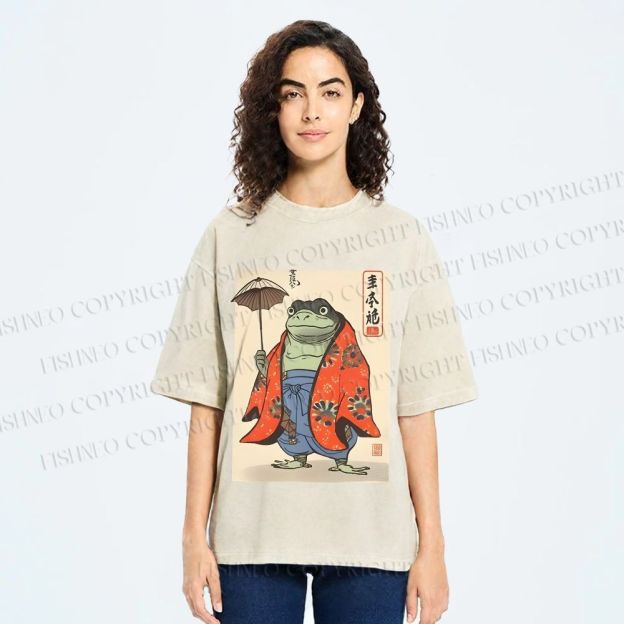 Unisex Japanese Vintage Frog Printed Washed Tee