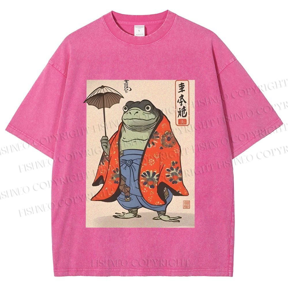 Unisex Japanese Vintage Frog Printed Washed Tee