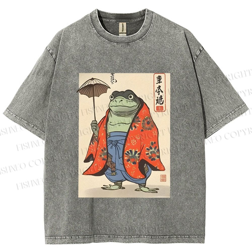 Unisex Japanese Vintage Frog Printed Washed Tee