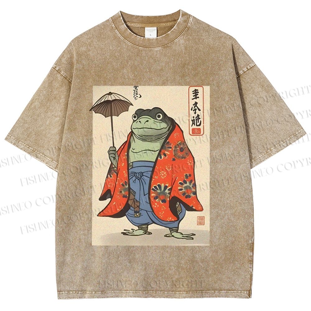 Unisex Japanese Vintage Frog Printed Washed Tee
