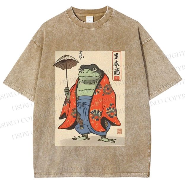 Unisex Japanese Vintage Frog Printed Washed Tee