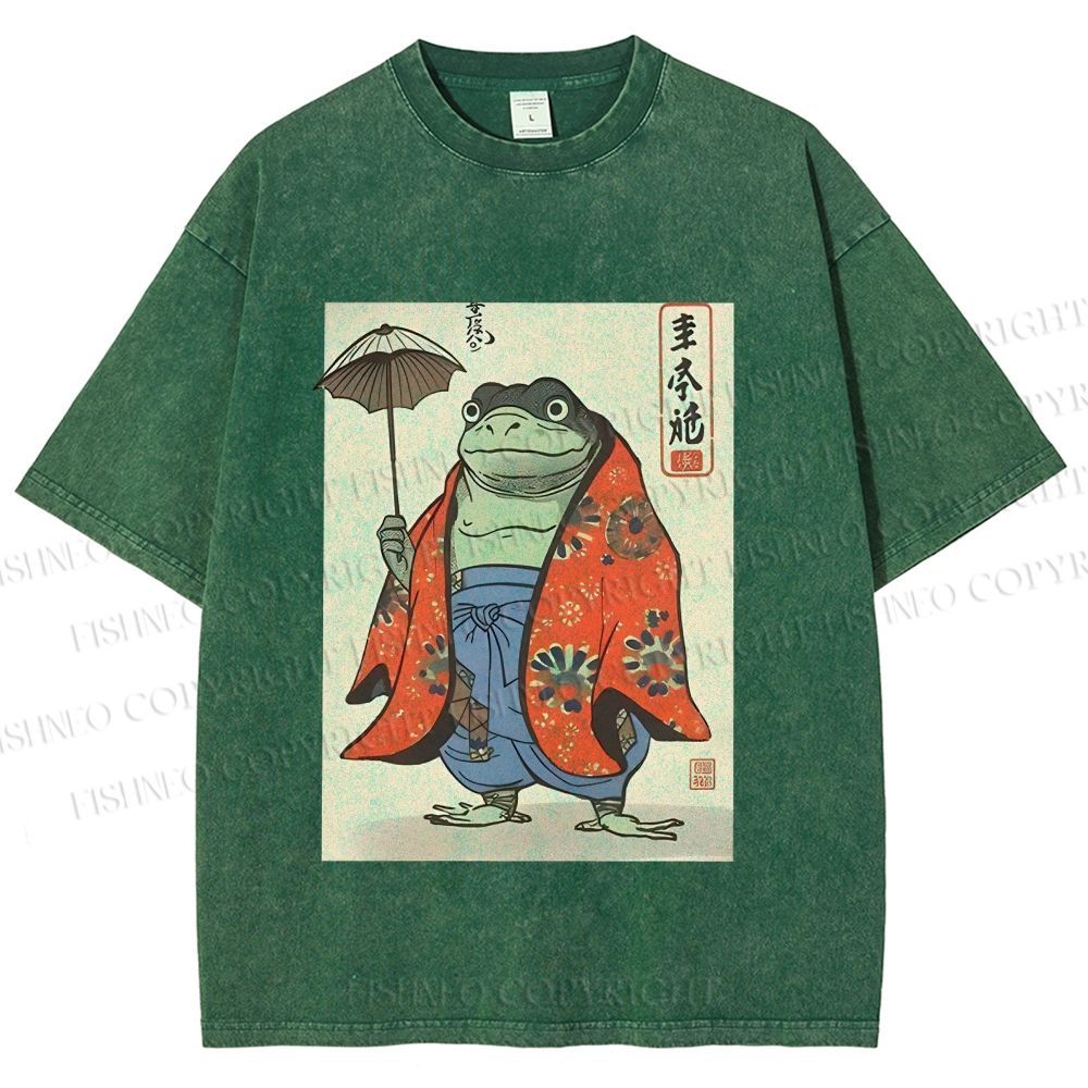 Unisex Japanese Vintage Frog Printed Washed Tee