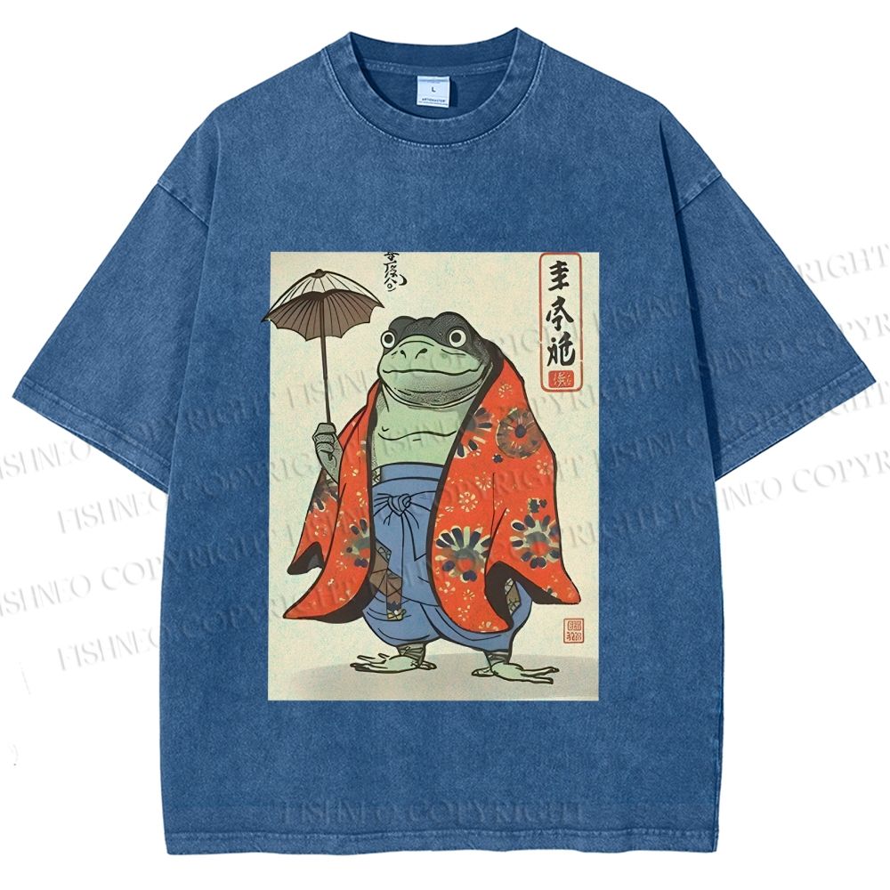 Unisex Japanese Vintage Frog Printed Washed Tee
