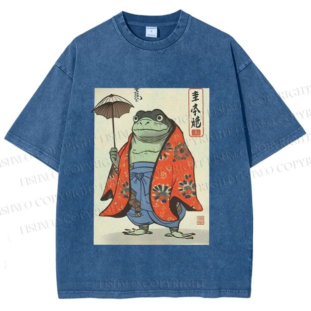 Unisex Japanese Vintage Frog Printed Washed Tee