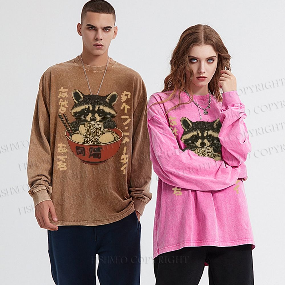 Unisex Casual Washed Ramen Raccoon Printed Long Sleeve T-shirt