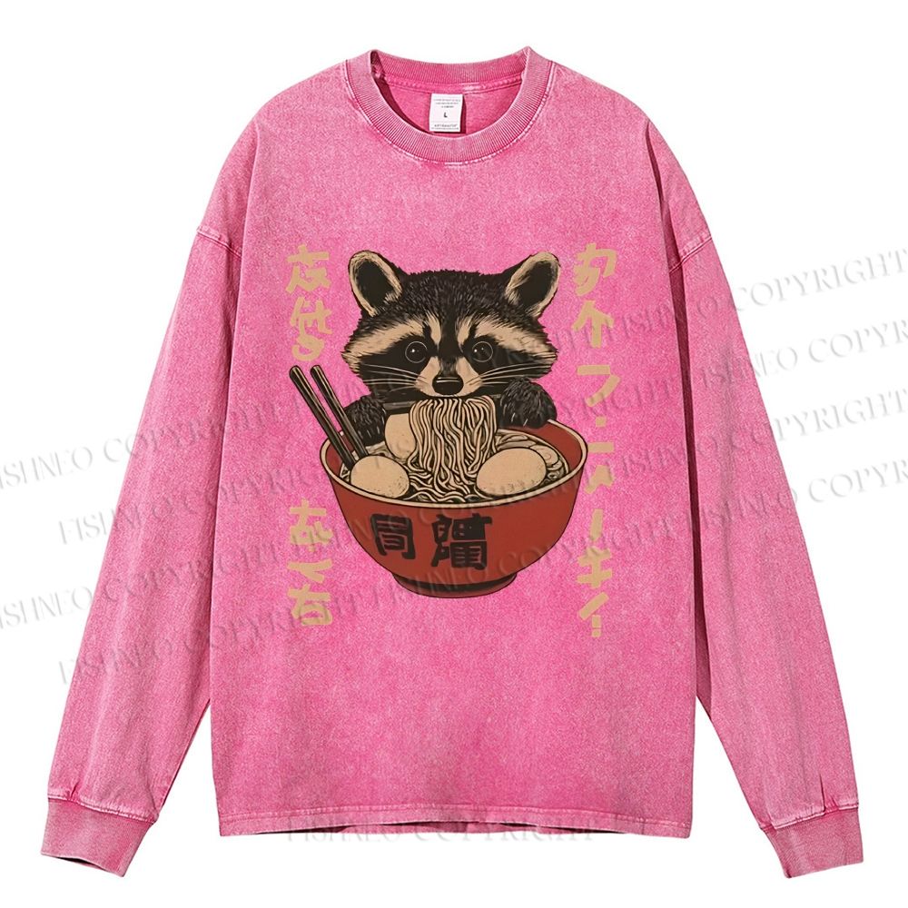 Unisex Casual Washed Ramen Raccoon Printed Long Sleeve T-shirt