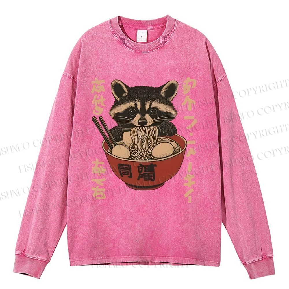 Unisex Casual Washed Ramen Raccoon Printed Long Sleeve T-shirt