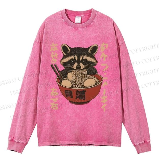 Unisex Casual Washed Ramen Raccoon Printed Long Sleeve T-shirt