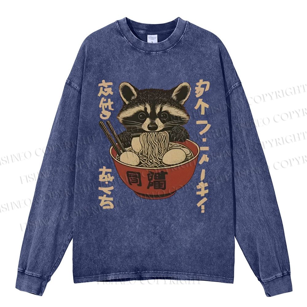 Unisex Casual Washed Ramen Raccoon Printed Long Sleeve T-shirt