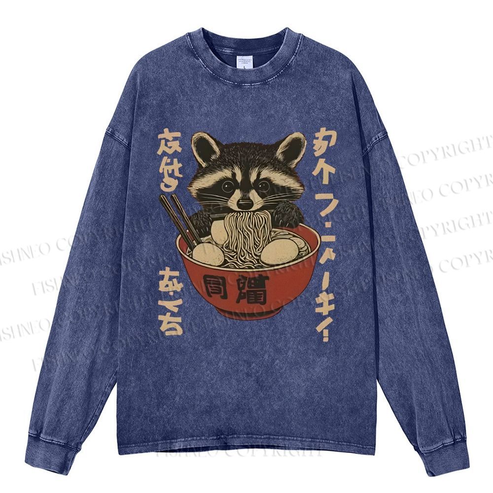 Unisex Casual Washed Ramen Raccoon Printed Long Sleeve T-shirt