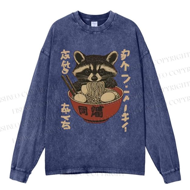 Unisex Casual Washed Ramen Raccoon Printed Long Sleeve T-shirt