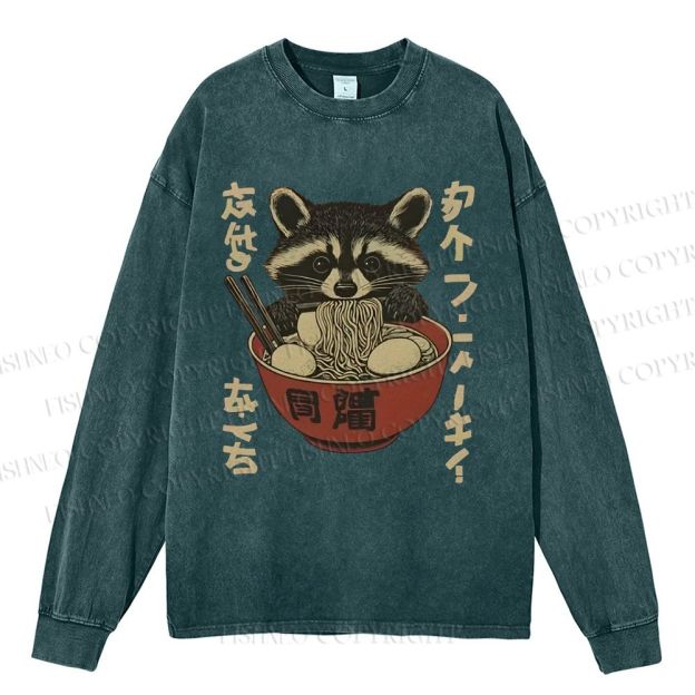 Unisex Casual Washed Ramen Raccoon Printed Long Sleeve T-shirt