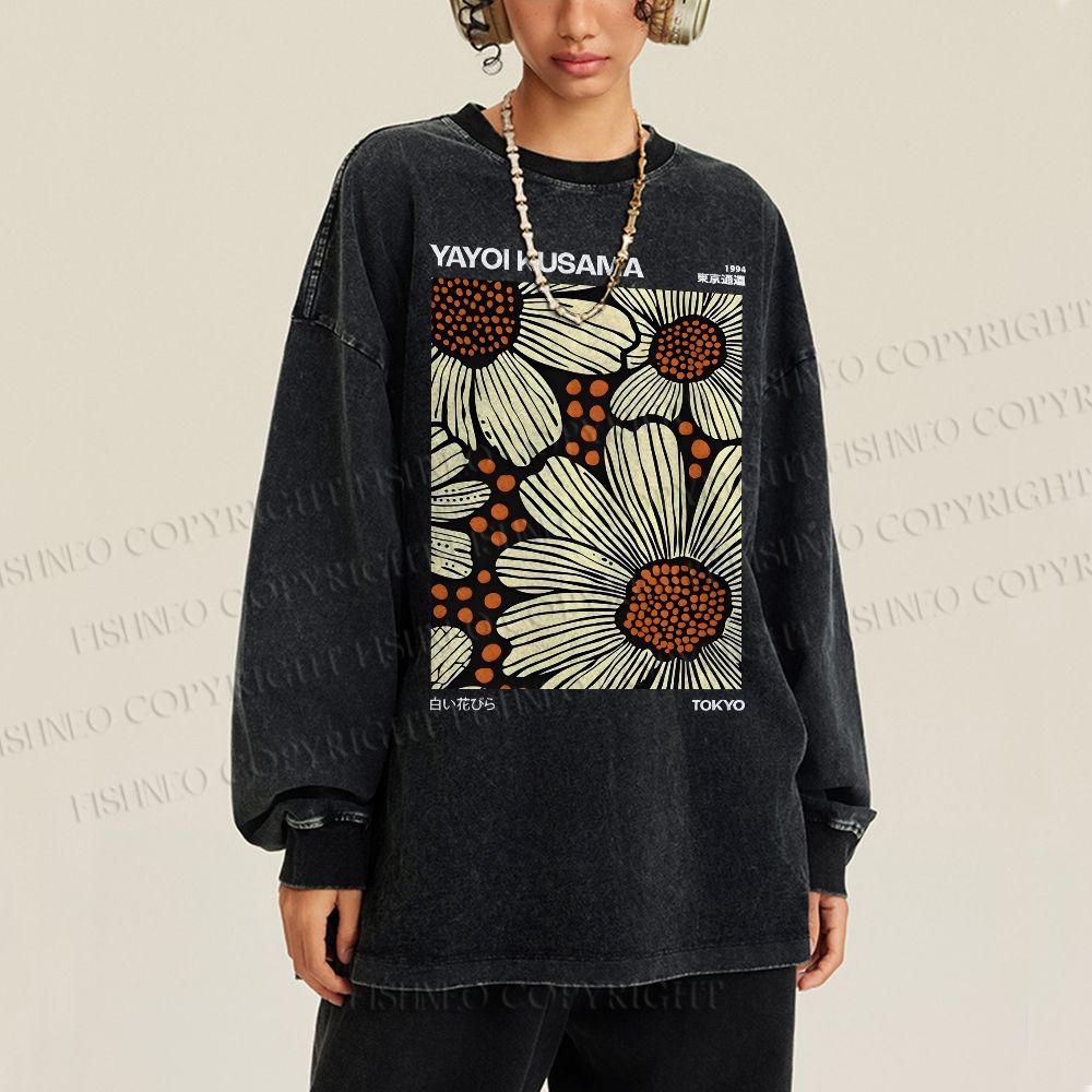 Unisex Casual Washed Yayoi Kusama Vintage  Printed Long Sleeve T-shirt