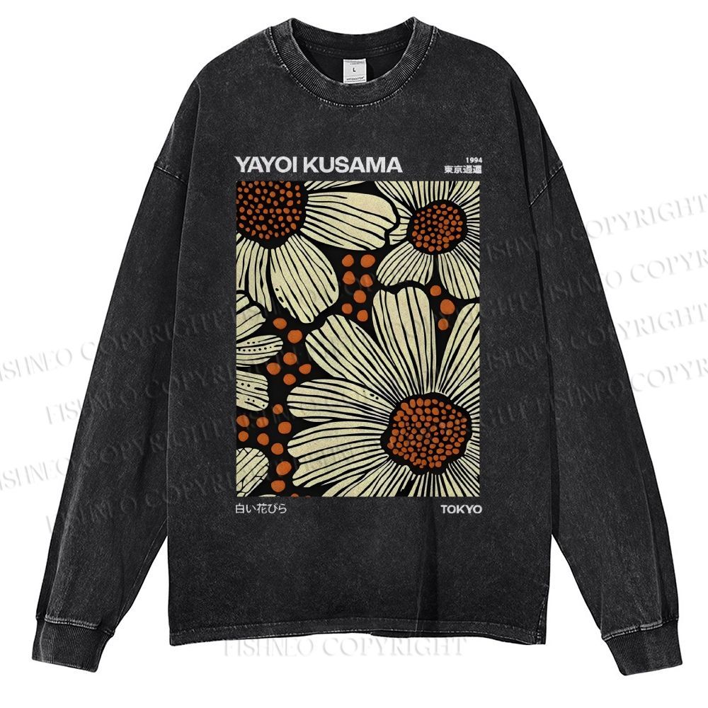 Unisex Casual Washed Yayoi Kusama Vintage Printed Long Sleeve T-shirt
