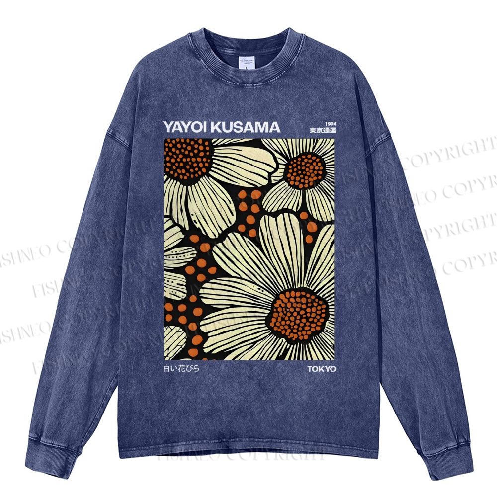 Unisex Casual Washed Yayoi Kusama Vintage  Printed Long Sleeve T-shirt
