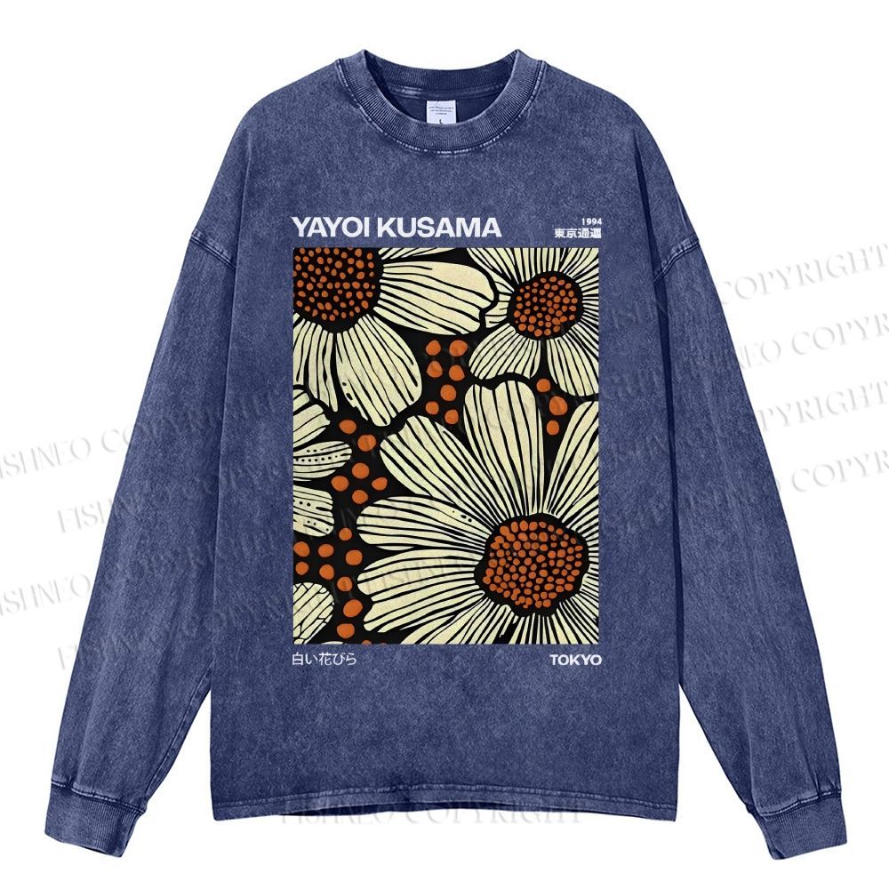 Unisex Casual Washed Yayoi Kusama Vintage  Printed Long Sleeve T-shirt