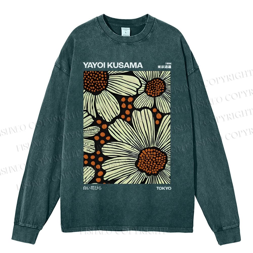 Unisex Casual Washed Yayoi Kusama Vintage  Printed Long Sleeve T-shirt