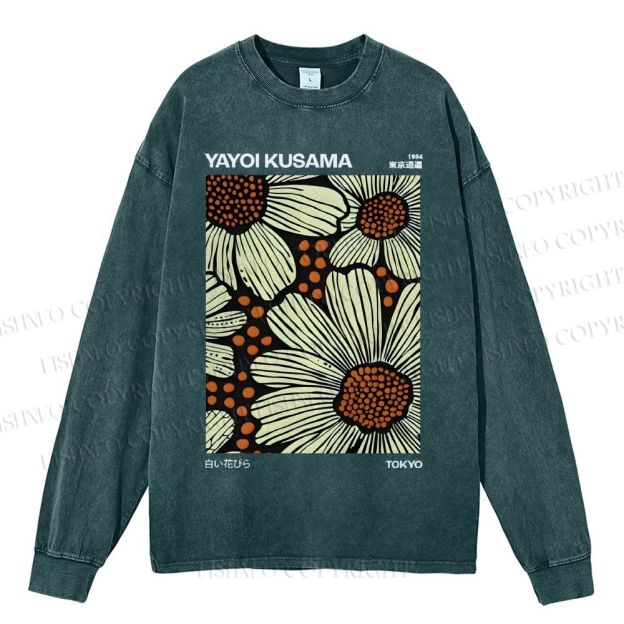 Unisex Casual Washed Yayoi Kusama Vintage  Printed Long Sleeve T-shirt